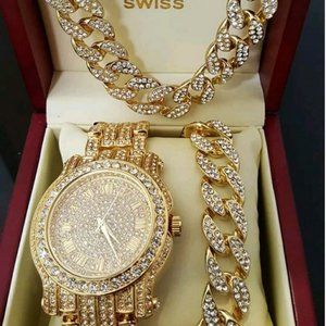 Mens Hip Hop Iced Out Watch, Necklace, Bracelet